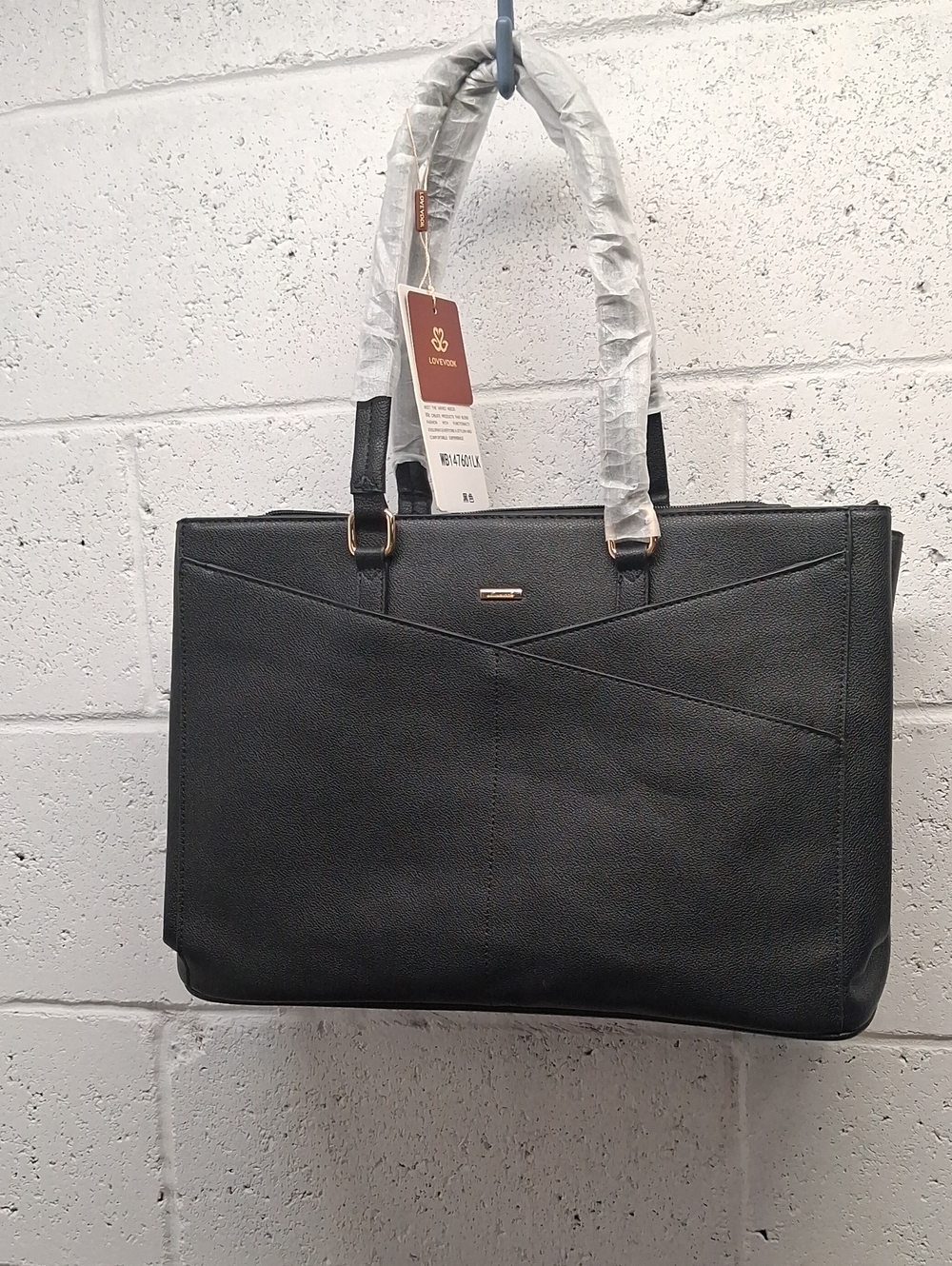 NWT Womens Lovevook Black Structured Tote Bag with Gold Accent